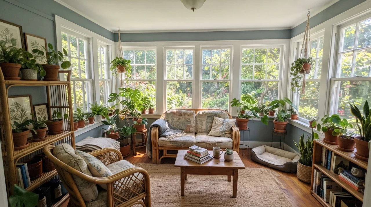 Sunroom with Stardew walls between white window frames, filled with plants and rattan furniture.