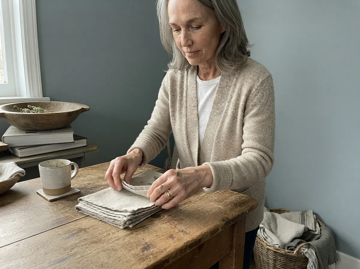 Susan Hartley folding linen napkins at a wood table against soft blue-gray Stardew walls.