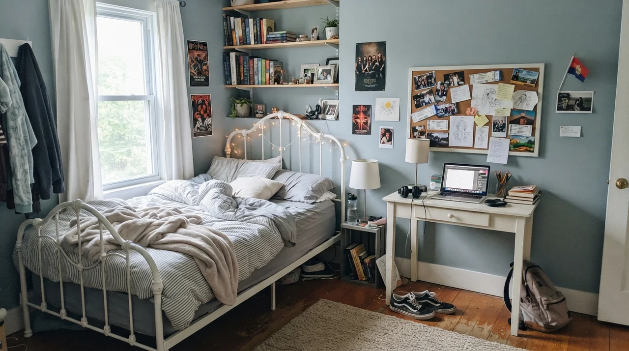Teen bedroom with Stardew walls, white metal bed, and study desk.