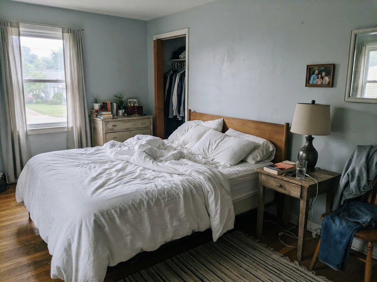 Bedroom with cool early morning light washing across painted walls