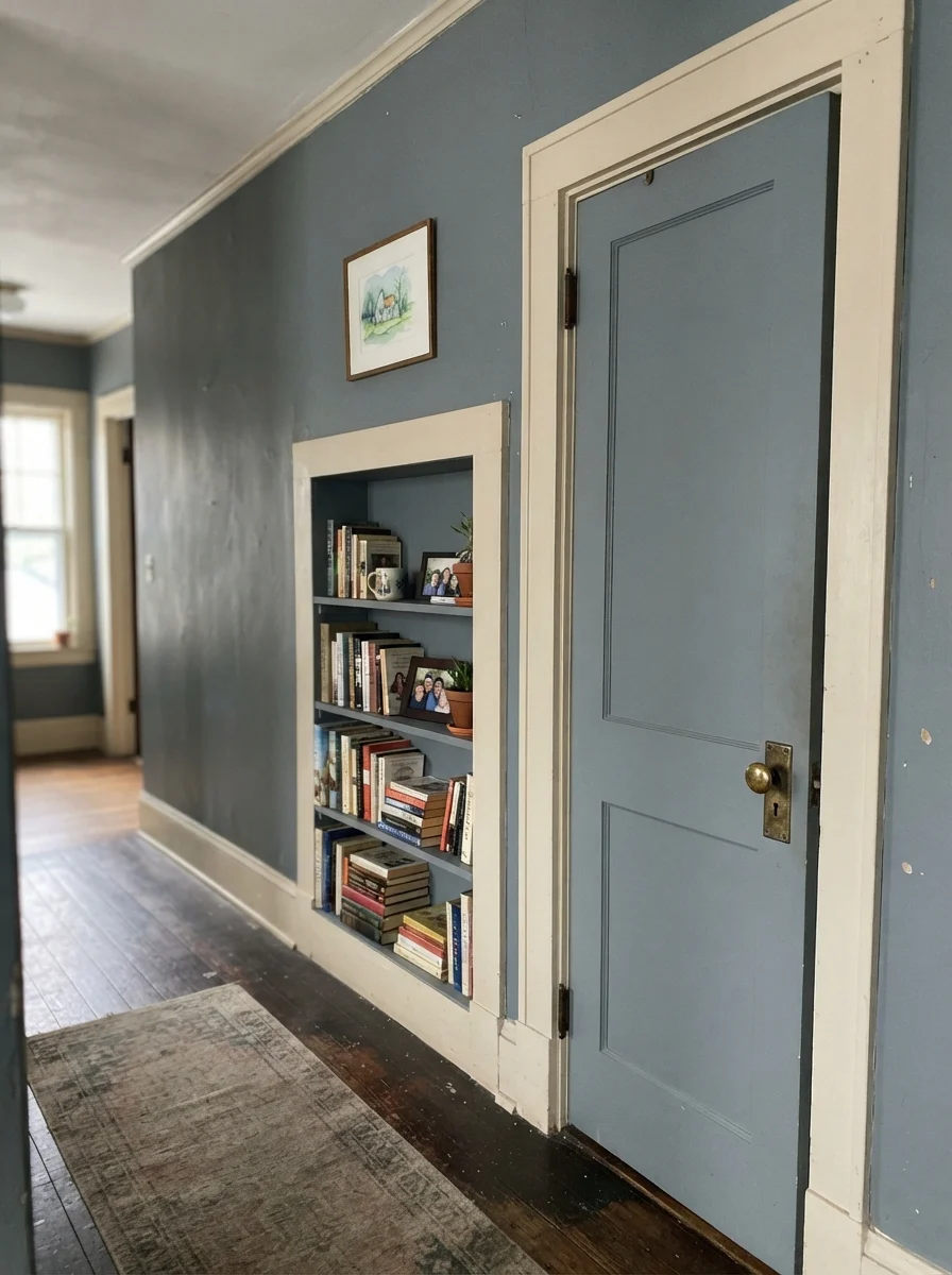 Hallway door and built-in bookshelf painted blue-gray against cream walls