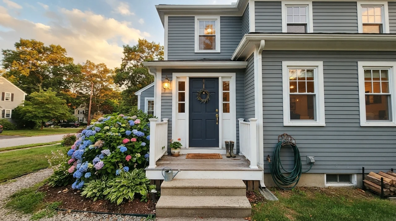 House exterior with horizontal siding painted Storm Cloud under golden evening light