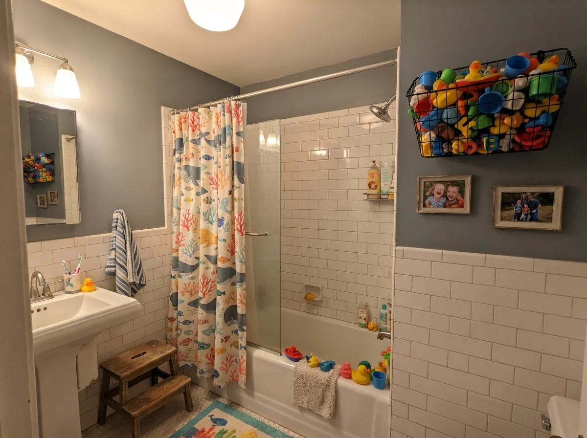 Kids bathroom with painted upper walls above subway tile under warm lighting