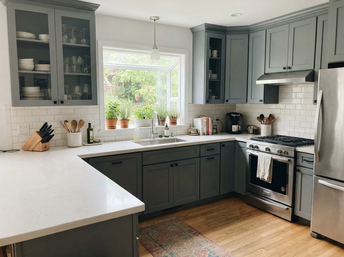 Kitchen shaker cabinets painted Storm Cloud with white subway tile and quartz counters