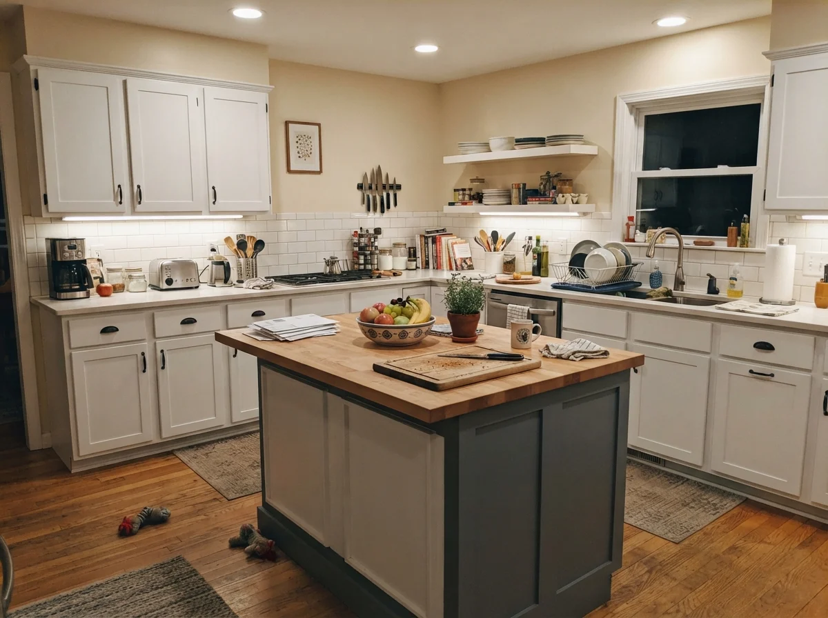 Kitchen island painted deep blue-gray surrounded by perimeter white cabinets