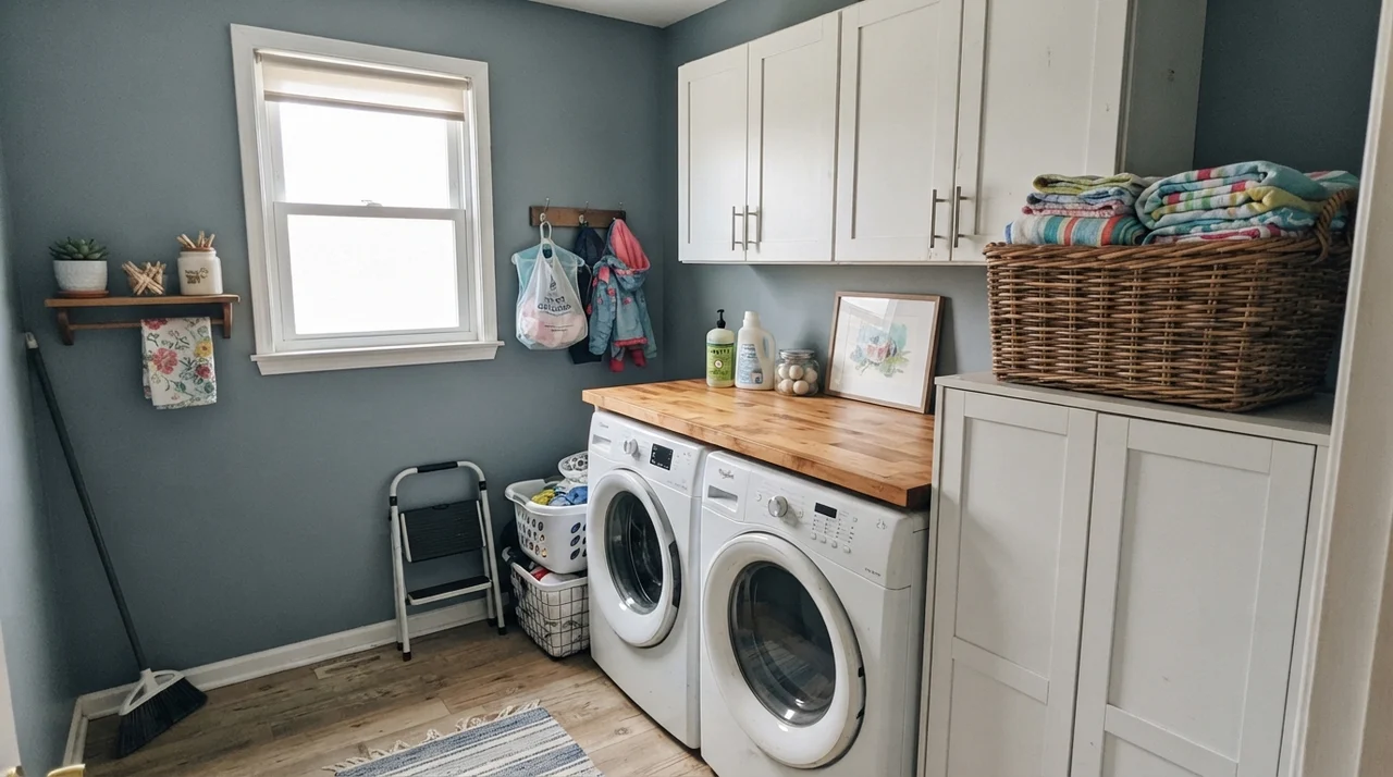 Bright laundry room with painted walls and butcher block counter