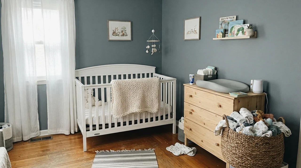 Nursery with painted walls and white crib in gentle diffuse daylight