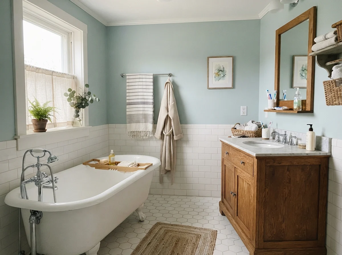 Cottage bathroom featuring a white clawfoot tub, warm oak vanity, and painted Tradewind walls