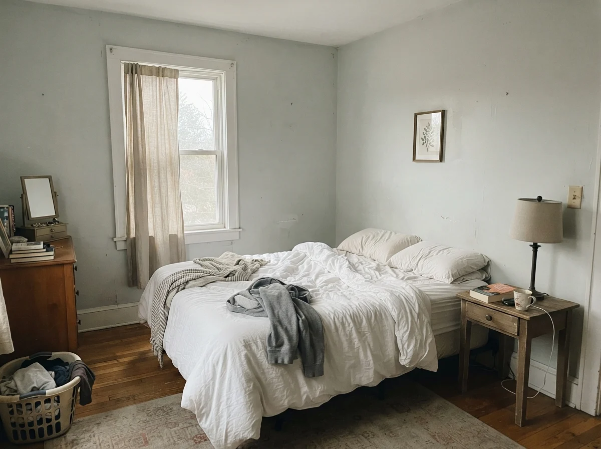 Simple bedroom in cool morning light with white bedding, wood nightstand, and Tradewind walls