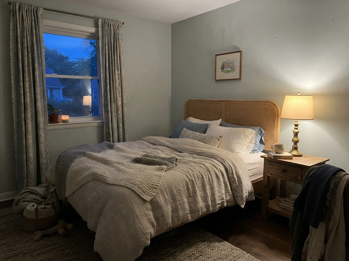 Cozy bedroom at dusk with warm lamp light, rattan headboard, and Tradewind painted wall