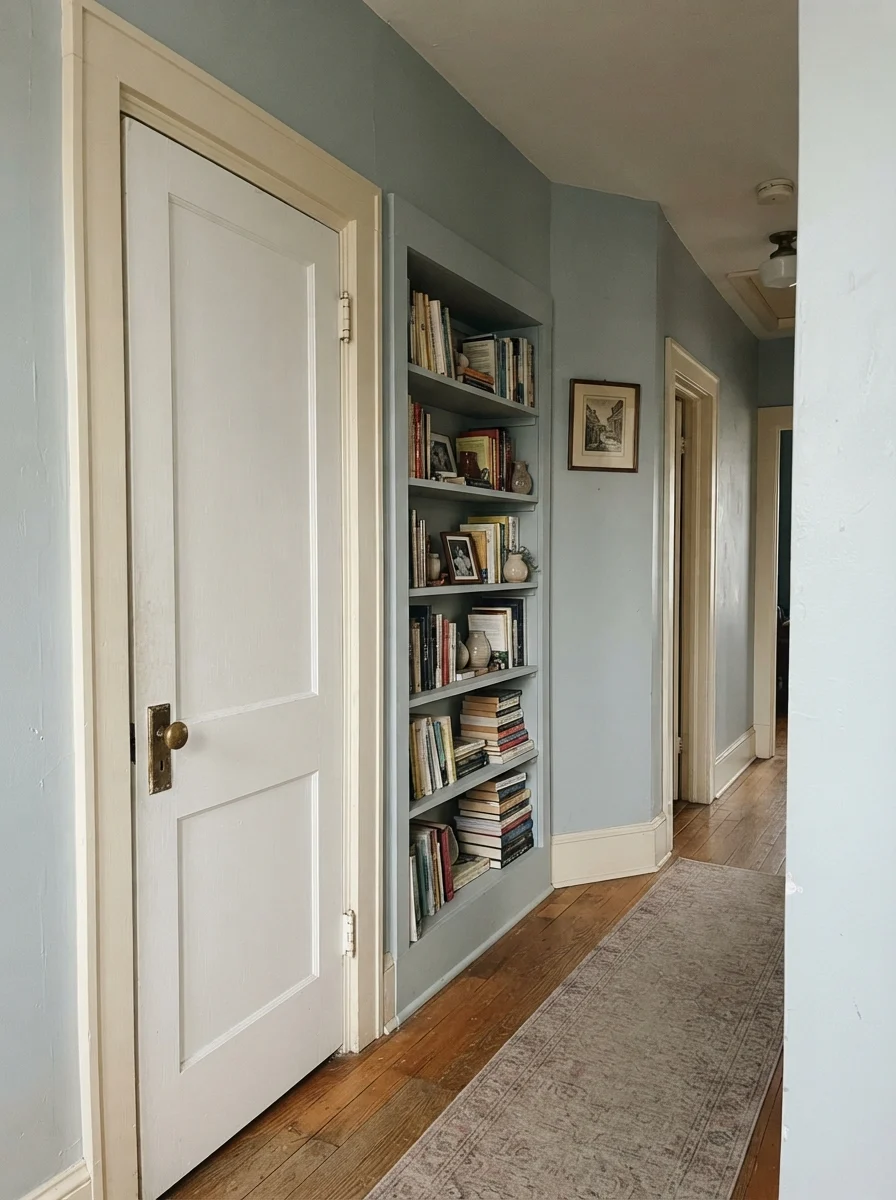 Hallway featuring an interior door and built-in bookshelf painted in Tradewind against cream walls