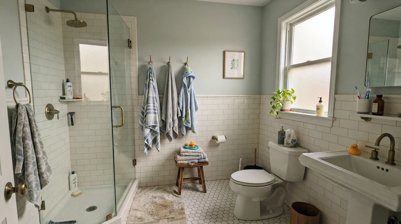 Family bathroom with upper walls painted Tradewind above white subway tile wainscot and brass fixtures