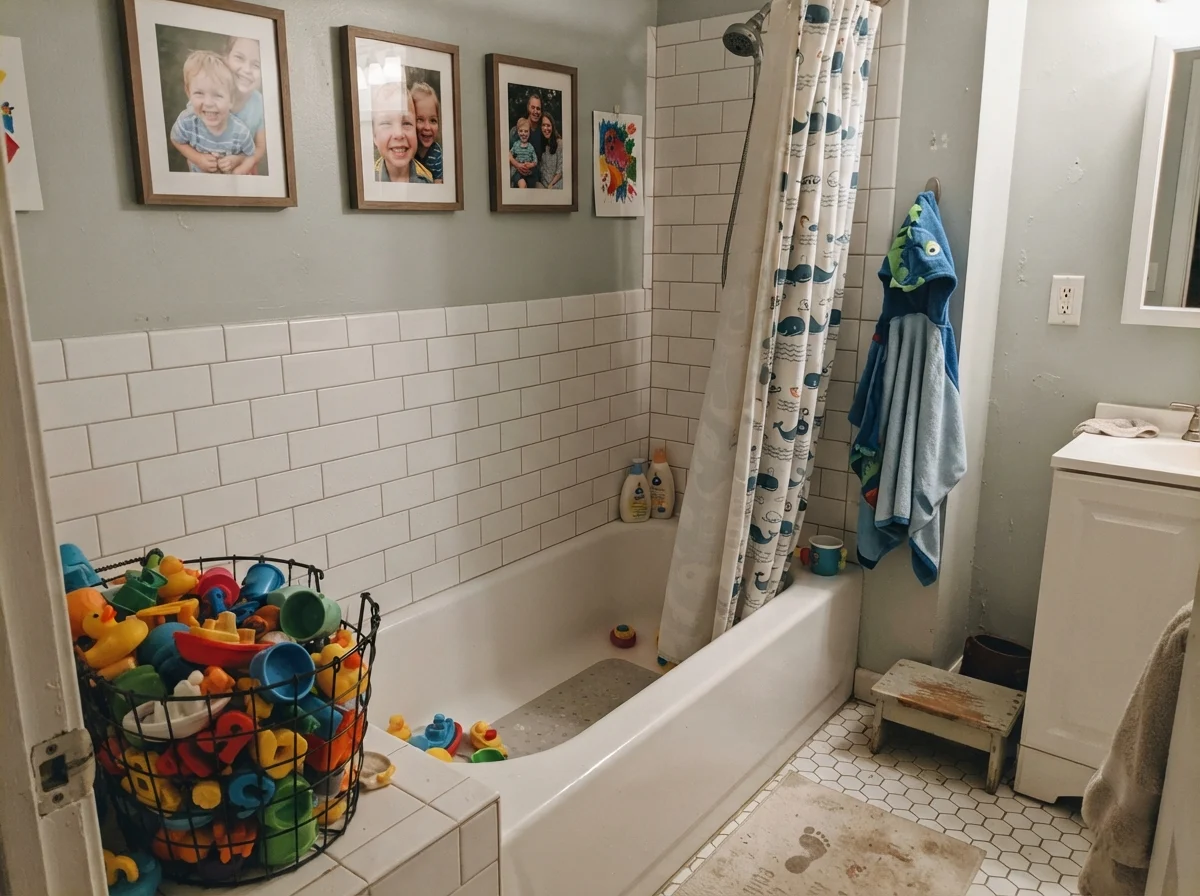 Kids bathroom with painted walls over white subway tile, bath toys in a basket, and family photos