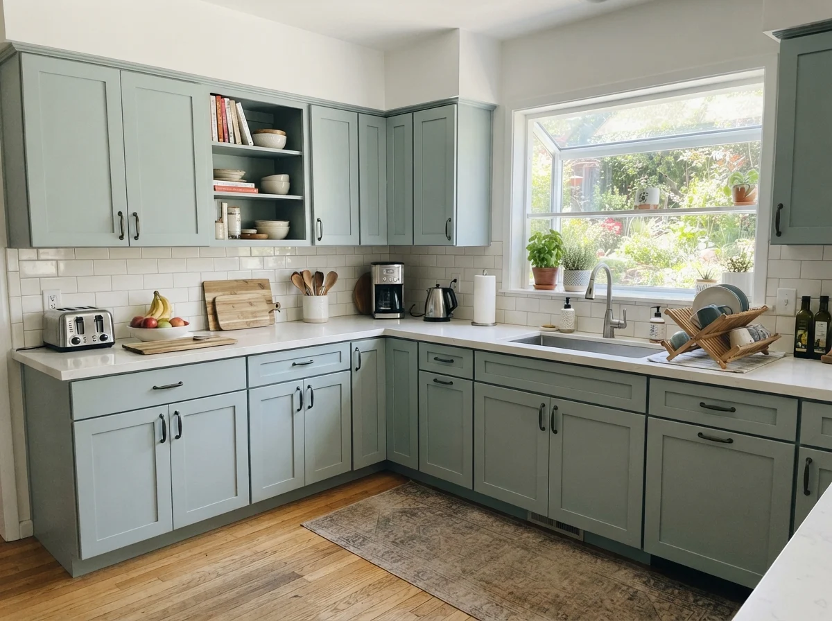 Bright kitchen with Tradewind painted shaker cabinets, white subway tile backsplash, and light oak floor