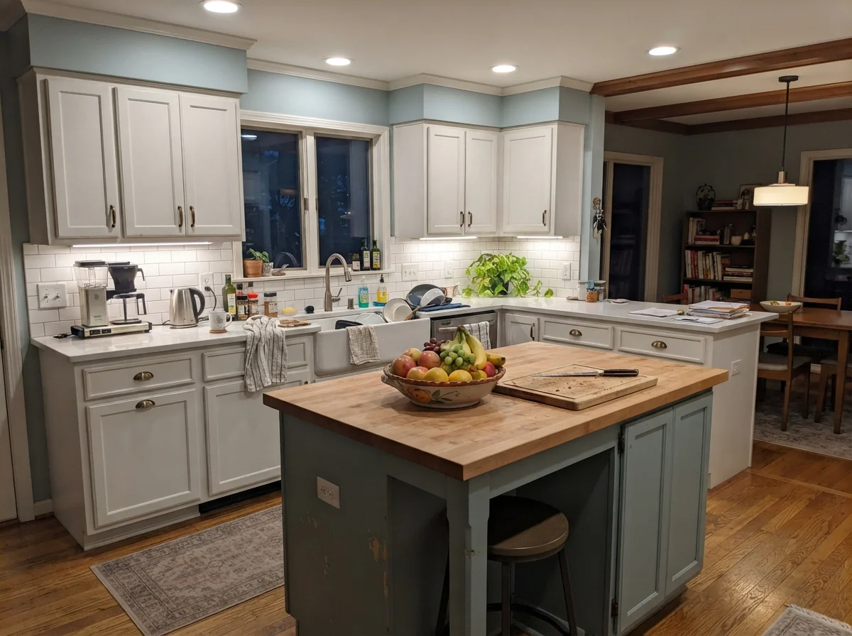 Kitchen with painted Tradewind island, white perimeter cabinetry, and cutting board on counter