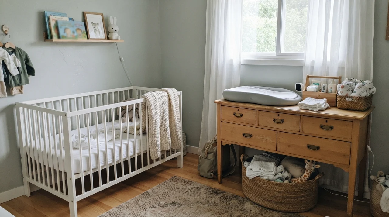 Nursery with painted walls, white crib, light-wood dresser, and woven basket