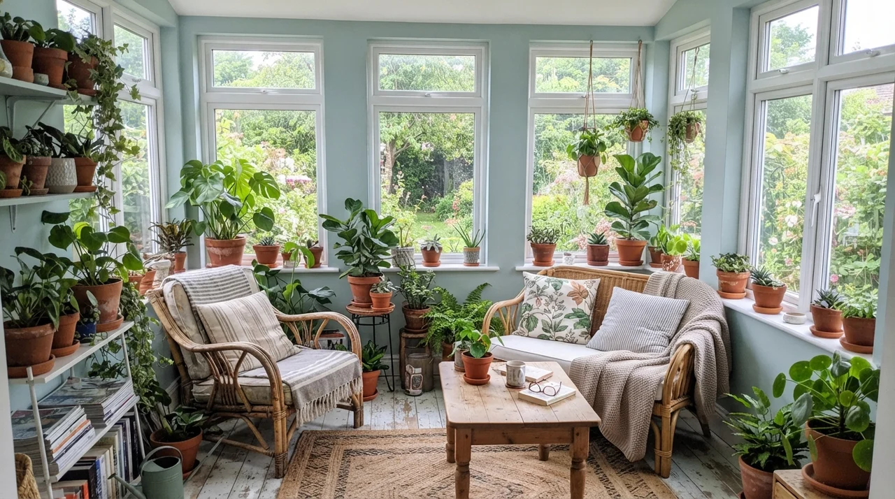 Sunroom with Tradewind painted walls between white windows, filled with rattan furniture and plants