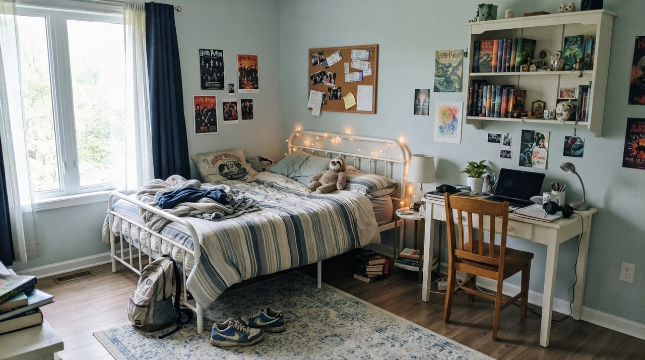 Teenager bedroom with painted walls, white metal bed, desk with corkboard, and bookshelves