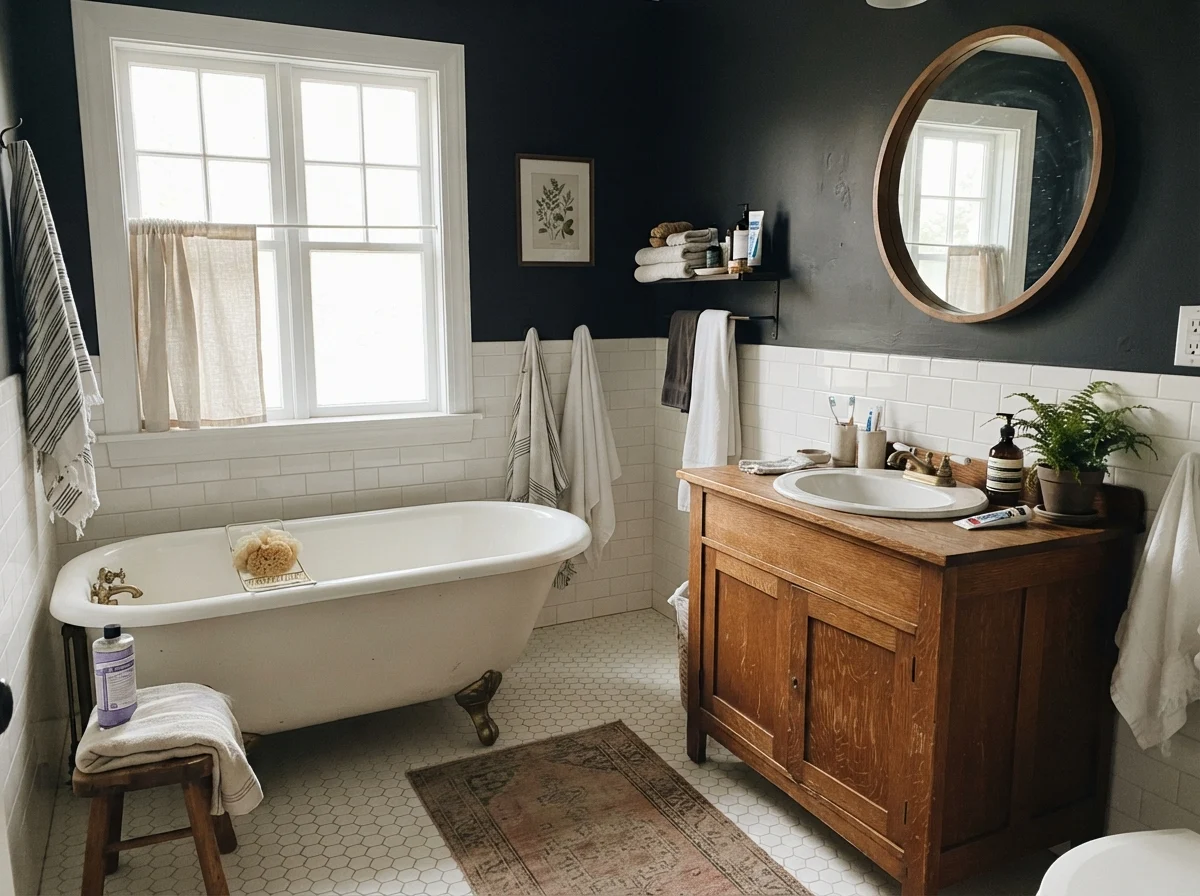 Cottage bathroom with white clawfoot tub and oak vanity against dark painted walls.