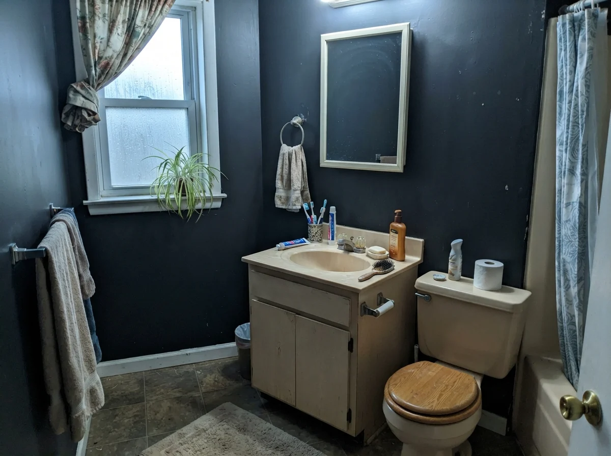 Modest bathroom with older beige vanity and painted walls in cool rainy daylight.