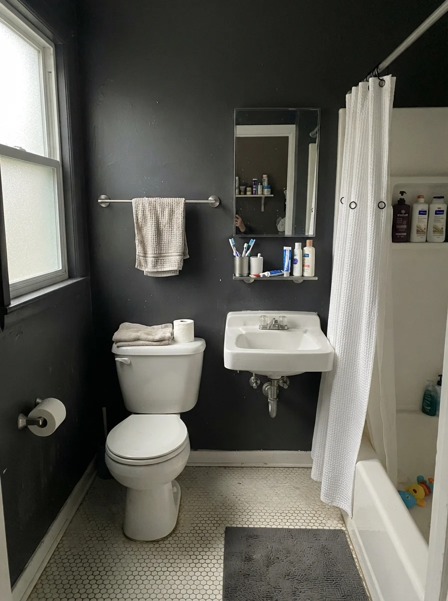 Small bathroom with dark painted walls under flat overcast daylight.