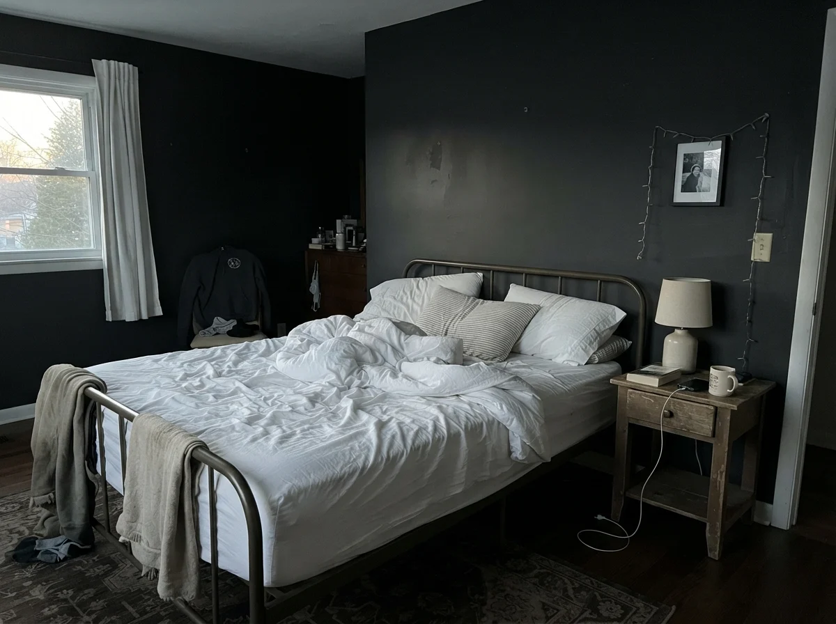 Bedroom in cool morning light with dark painted walls and unmade white bedding.