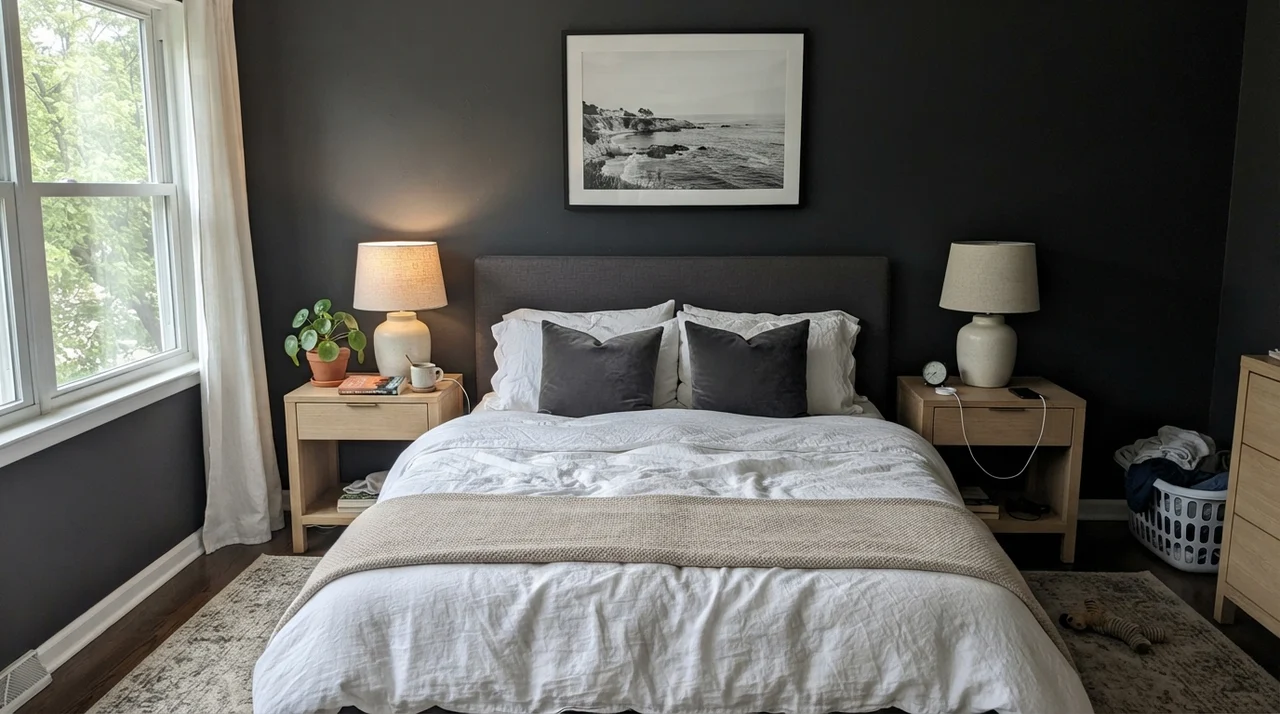 Main bedroom with dark painted walls, white linen bed, and pale oak nightstands.