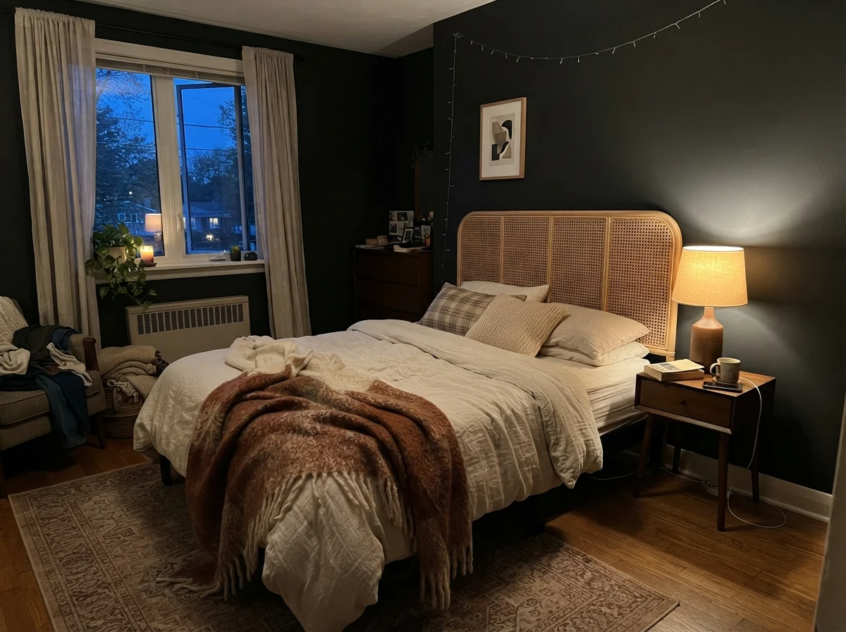 Bedroom with warm bedside lamp illuminating the dark painted wall and cane headboard.