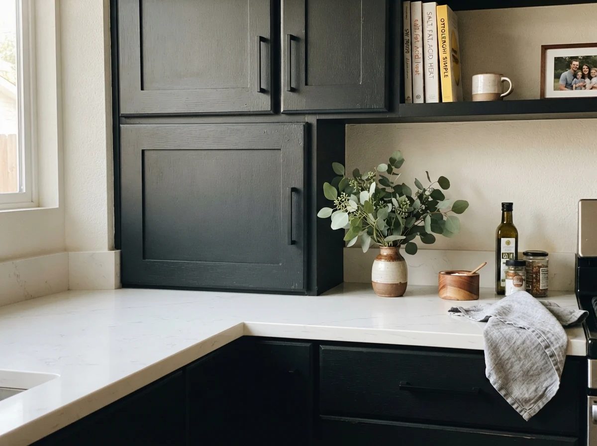 Close-up view of dark painted shaker cabinets with black hardware and white quartz counter.