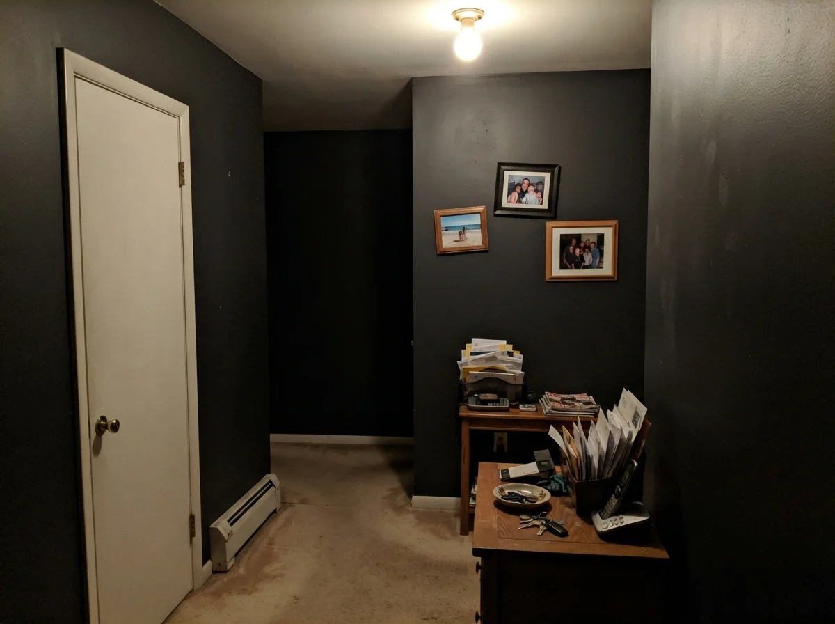 Dim windowless hallway corner showing dark paint looking flat and unflattering under a single bulb.