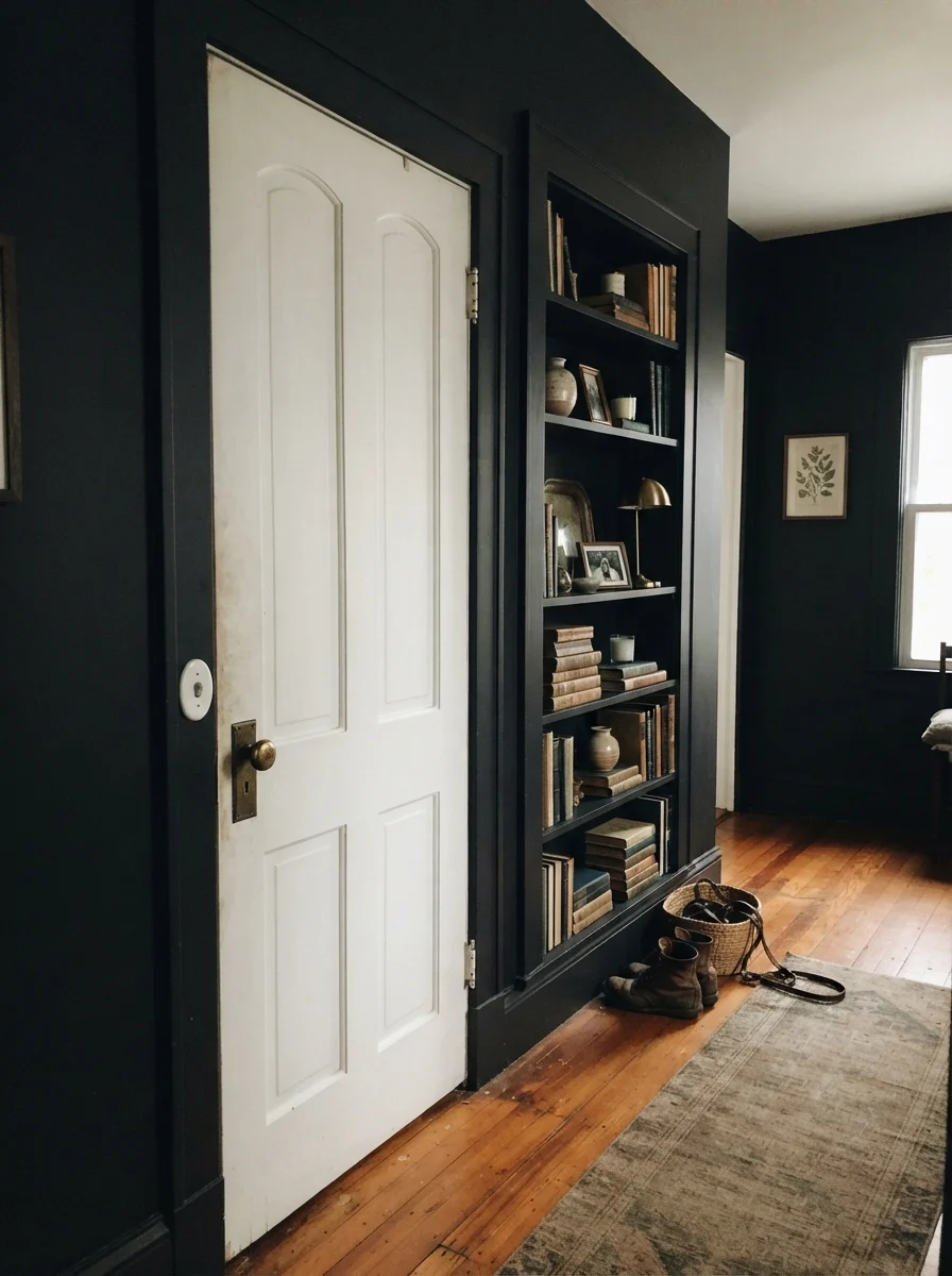 Hallway with dark painted interior door and built-in bookcase beside cream walls.