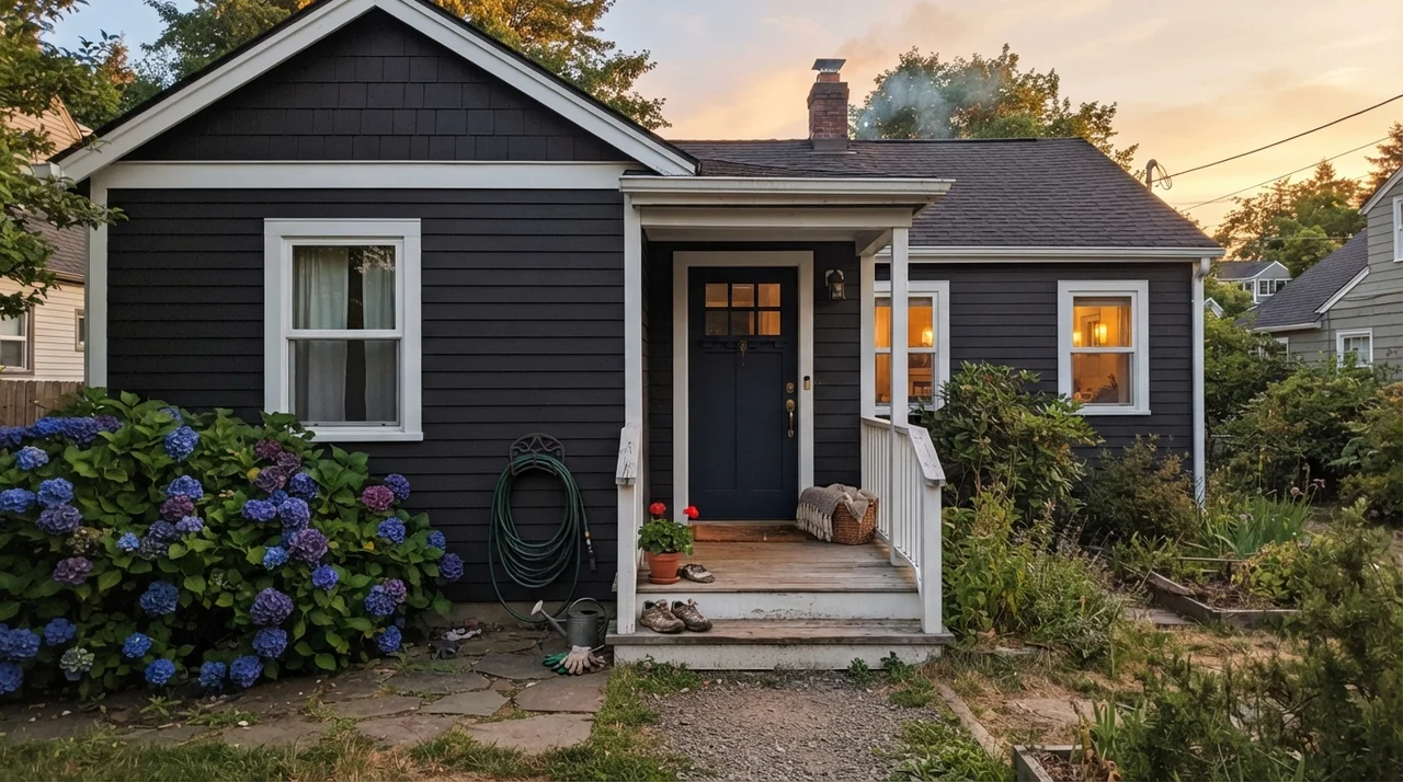 House exterior with dark horizontal siding, white trim, small porch, and hydrangea bushes.