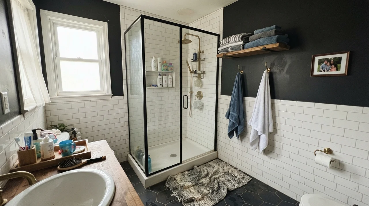 Family bathroom with upper walls painted dark black above white subway tile wainscoting and brass hardware.