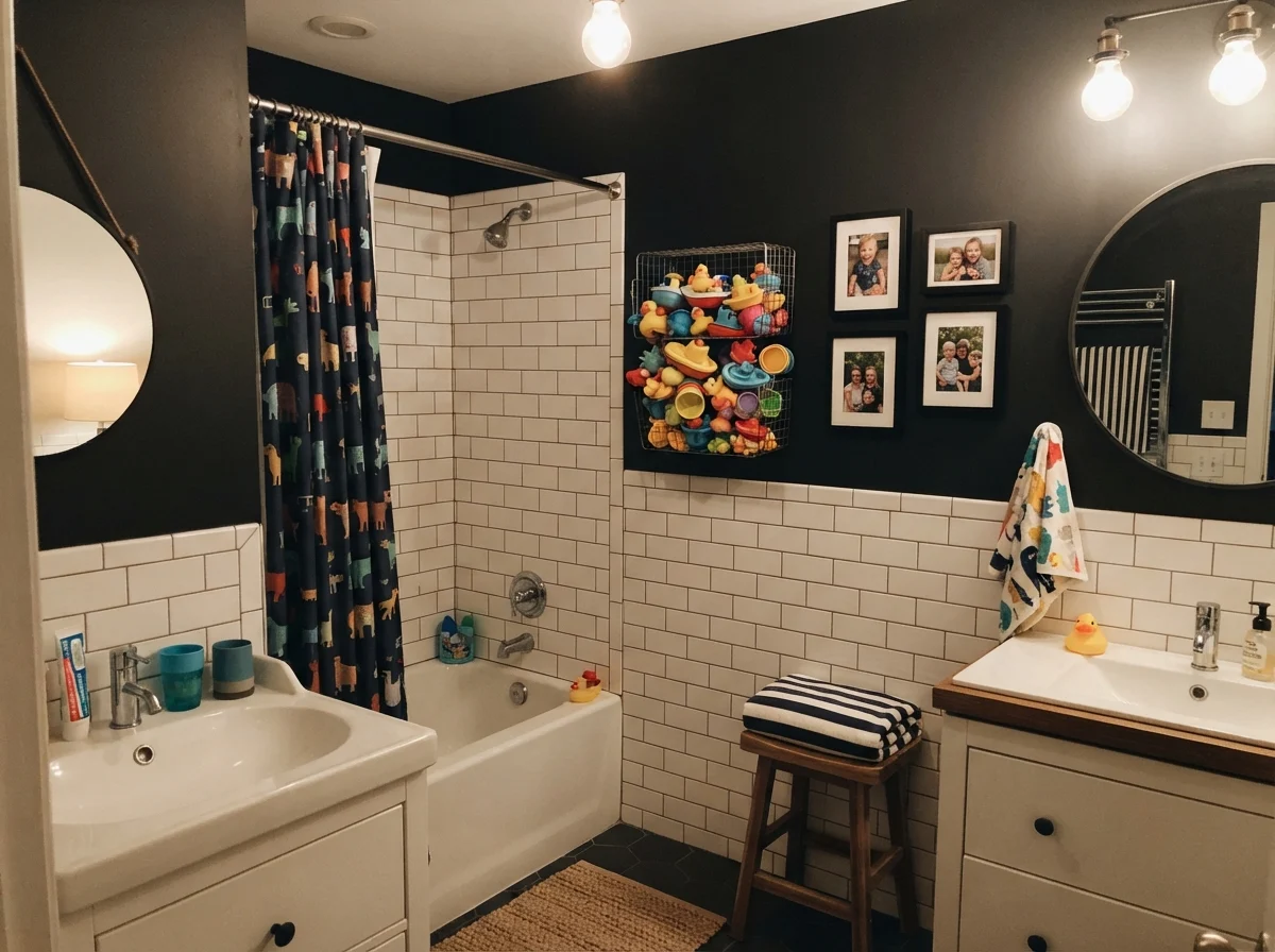 Kids bathroom with painted upper walls above subway tile and wire basket with toys.