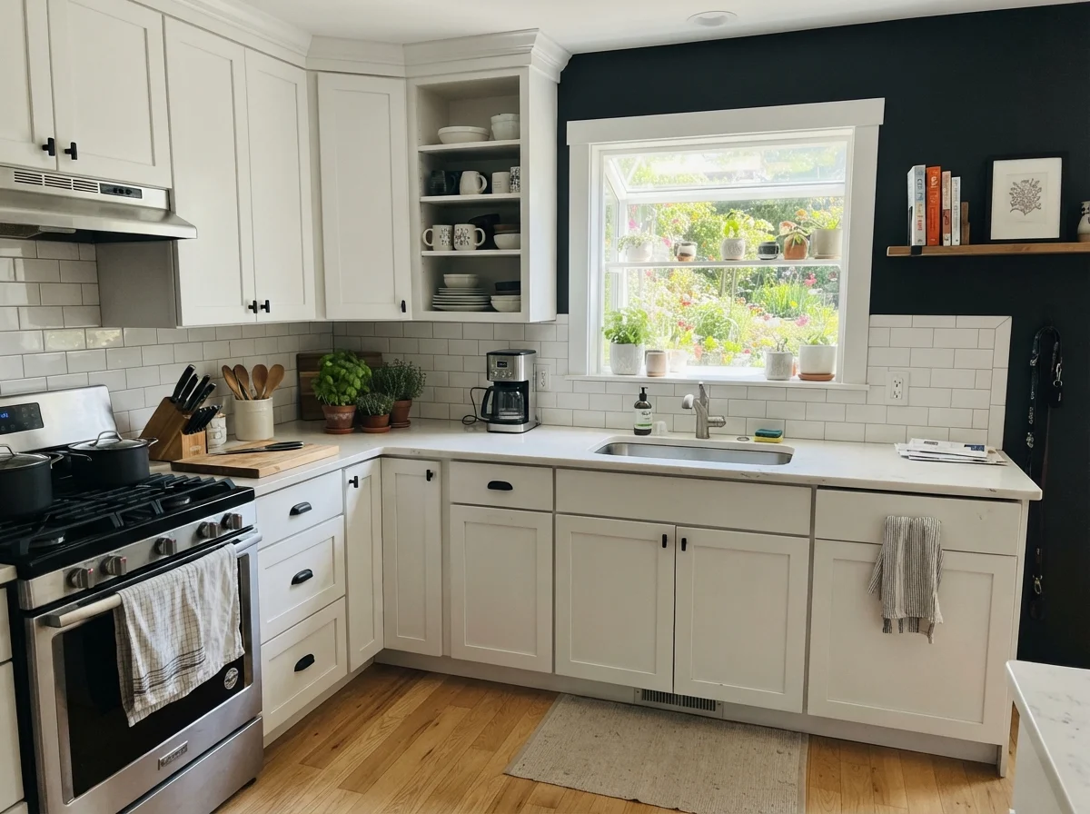 Kitchen featuring all-black shaker cabinets, white subway tile, and light oak floors.