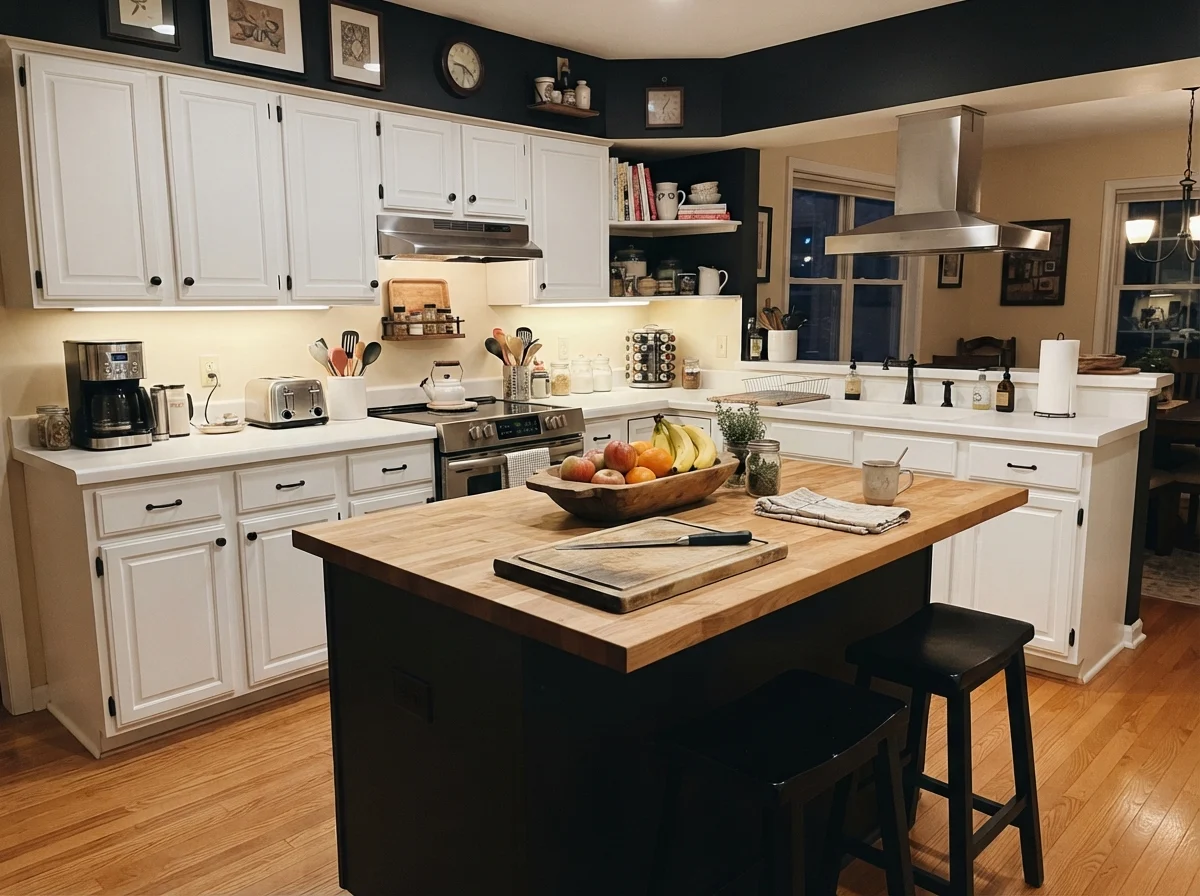 Family kitchen island painted dark black with surrounding white cabinets.