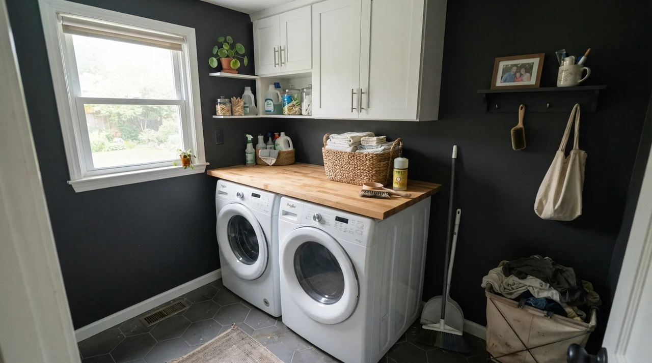 Bright laundry room with dark painted walls, butcher-block counter, and white appliances.