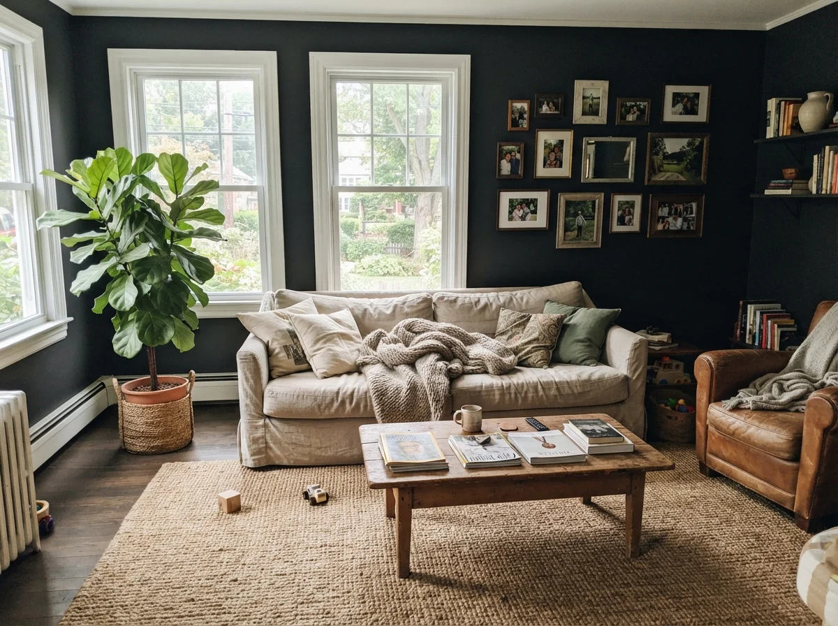Bright living room with dark painted walls, linen sofa, and jute rug.