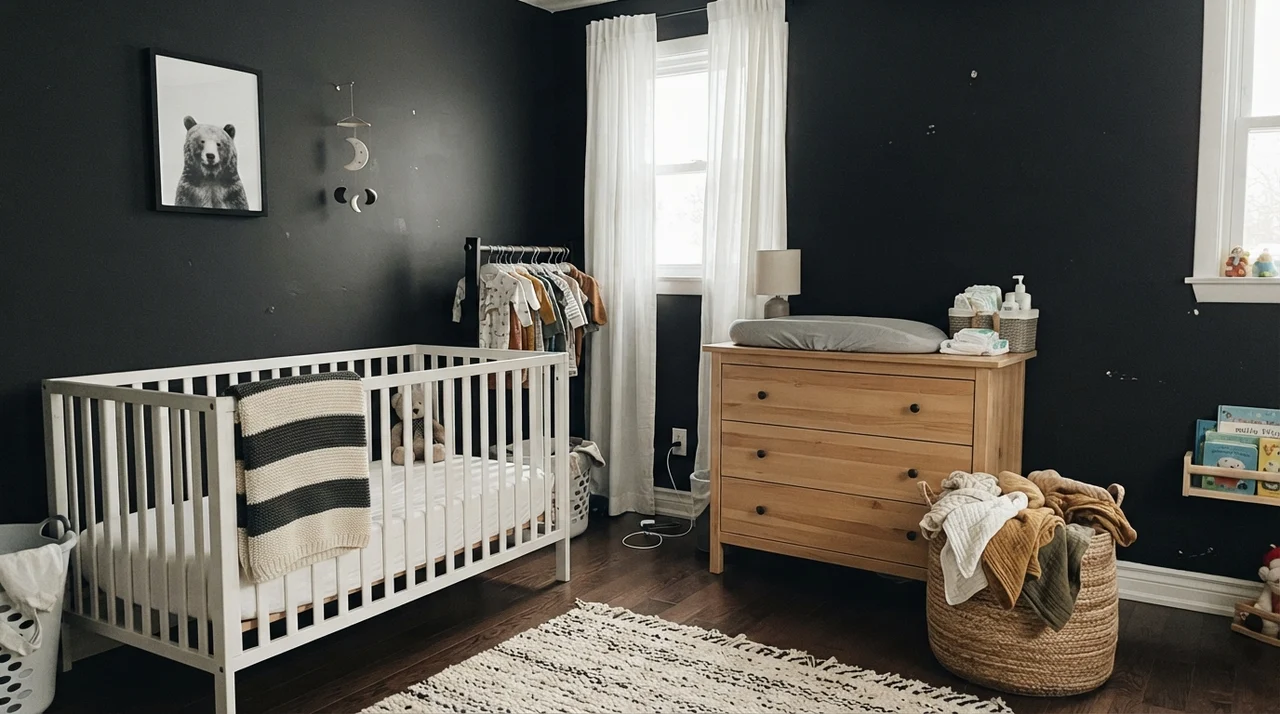 Nursery featuring dark painted walls, white crib, and light wood changing table.