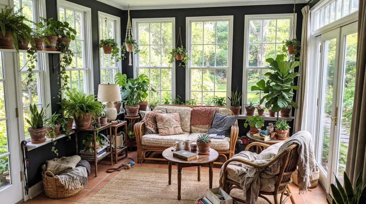 Sunroom with dark painted wall sections between white windows and potted greenery.