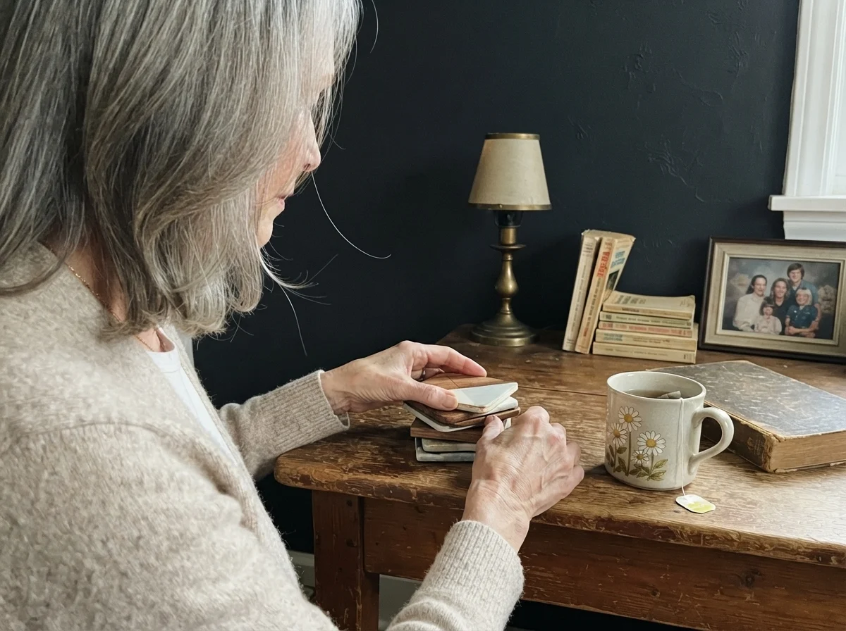 Susan Hartley resting next to a rustic side table with a mug of chamomile tea in front of a dark study wall.