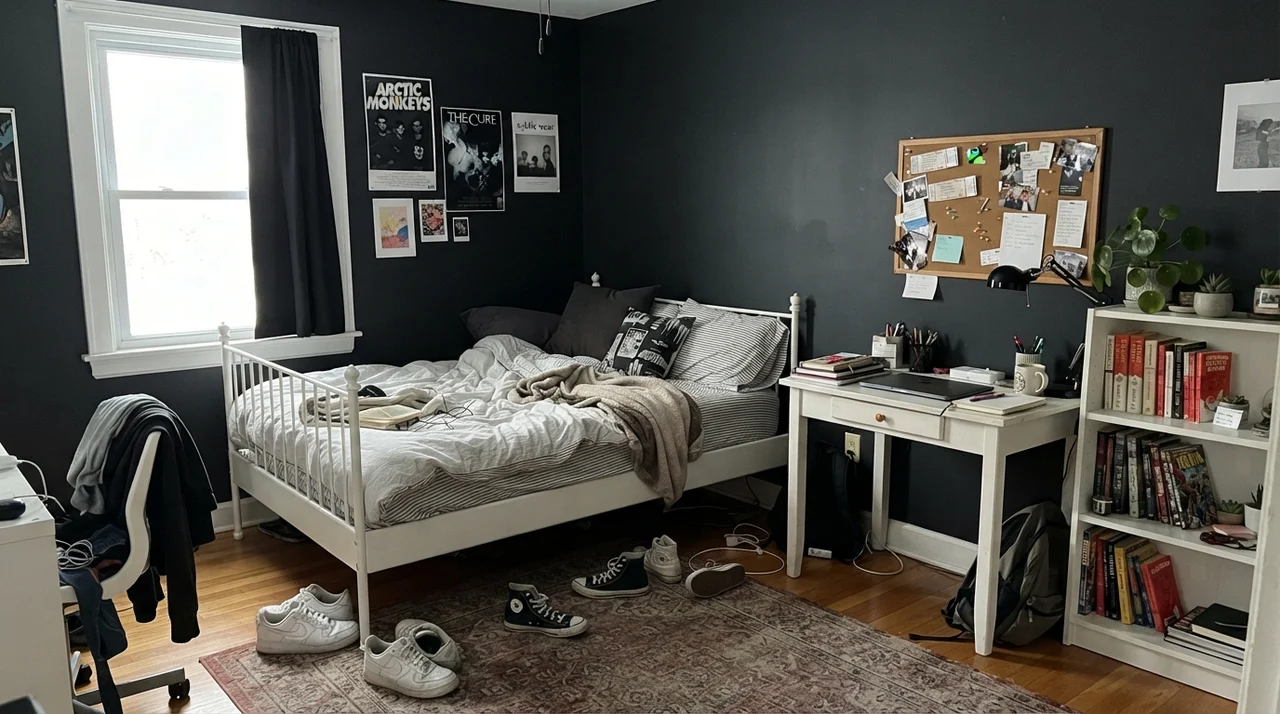 Teenager bedroom with dark painted walls, white desk, and white metal bed frame.