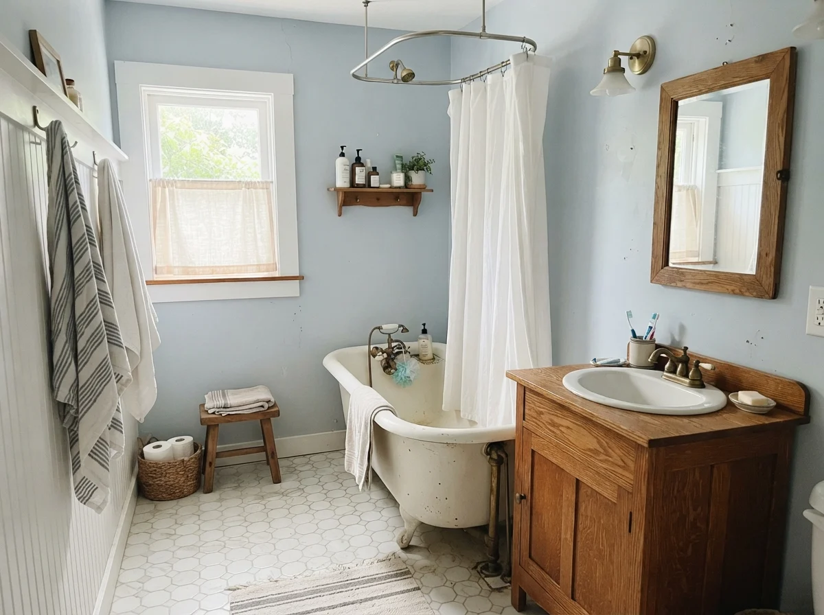 Cottage bathroom with Upward walls and white clawfoot tub