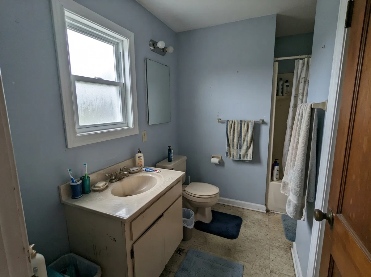 Dated bathroom showing cool slate tones on Upward walls during rainy weather