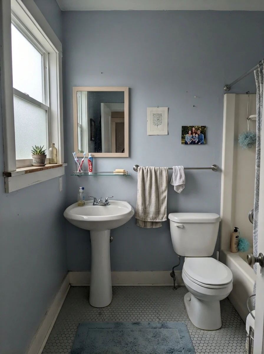 Muted gray-toned bathroom with Upward walls on an overcast day