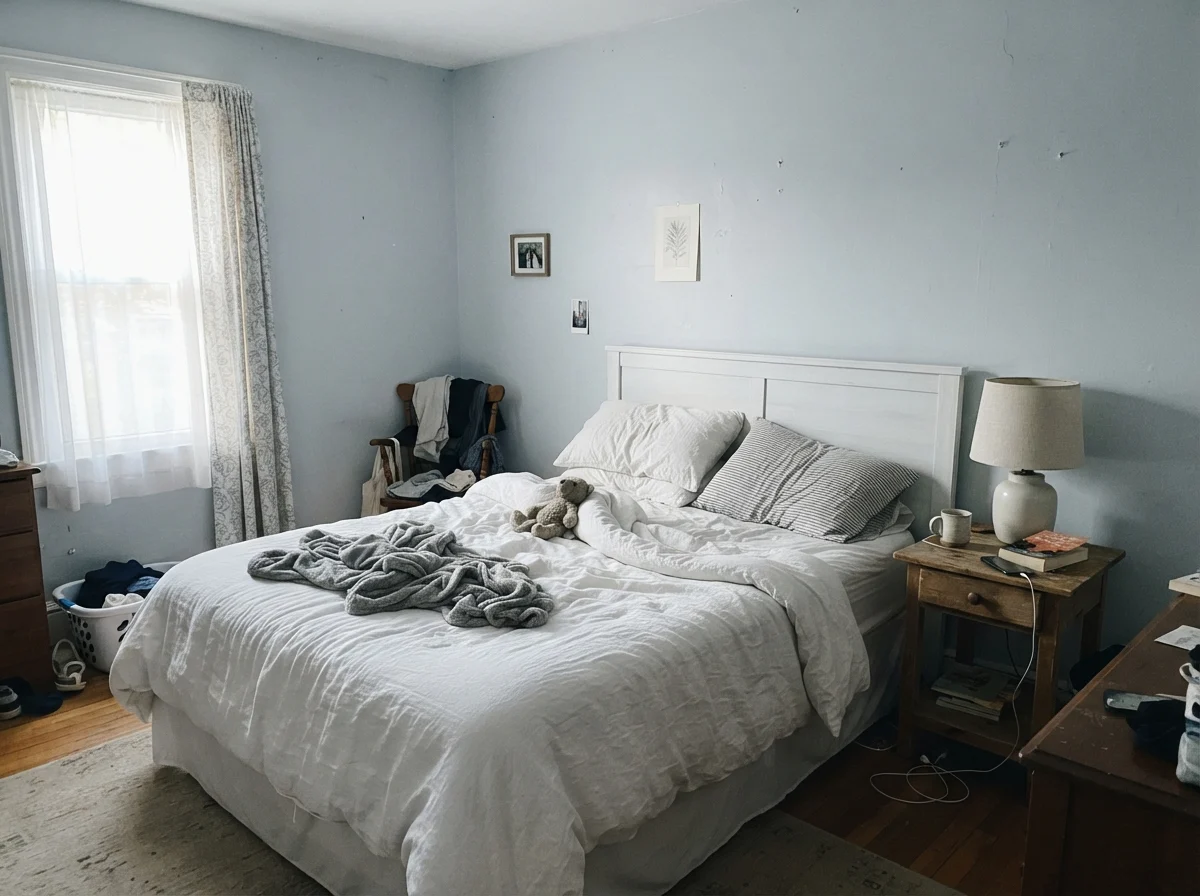 Simple bedroom with Upward walls in cool early morning light