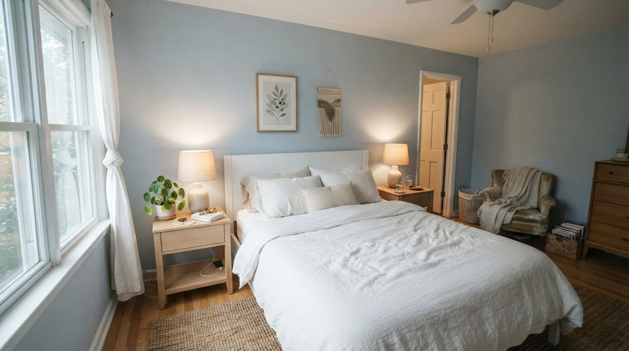 Primary bedroom with Upward walls, white linens, and pale oak nightstands