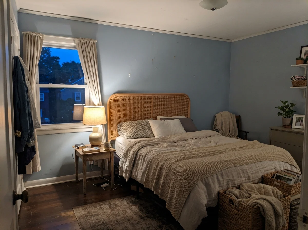 Bedroom with Upward walls illuminated by warm evening table lamp