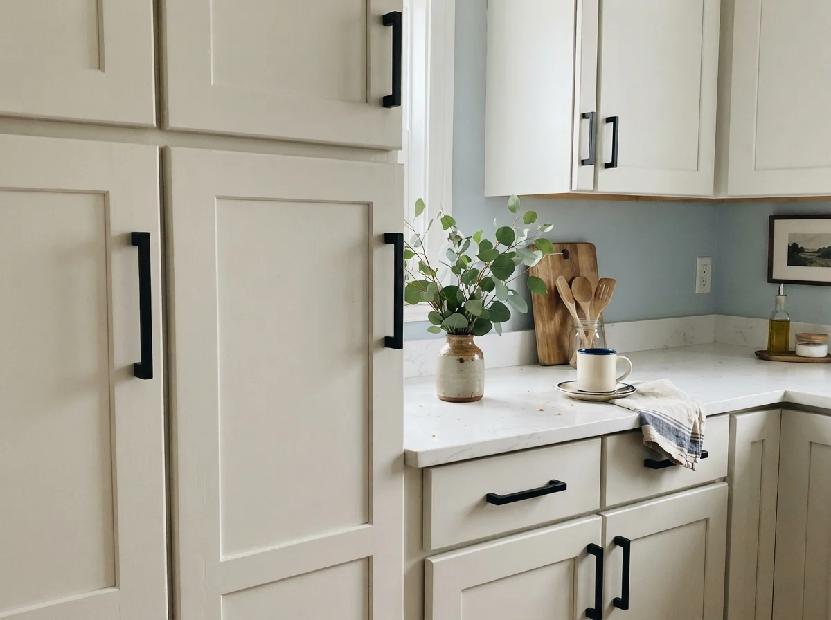 Close-up of Upward painted cabinets with matte black handles and quartz counter