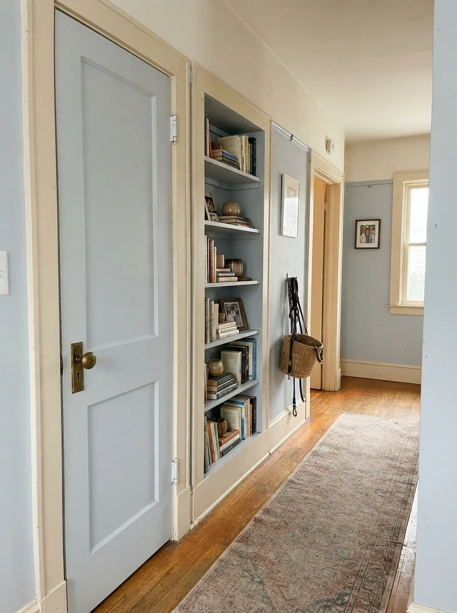 Two-panel door and built-in bookshelf painted Upward against cream walls